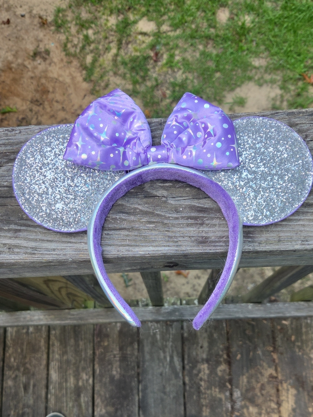 Disney Silver Glitter Mouse Ear Headband with Purple Bow